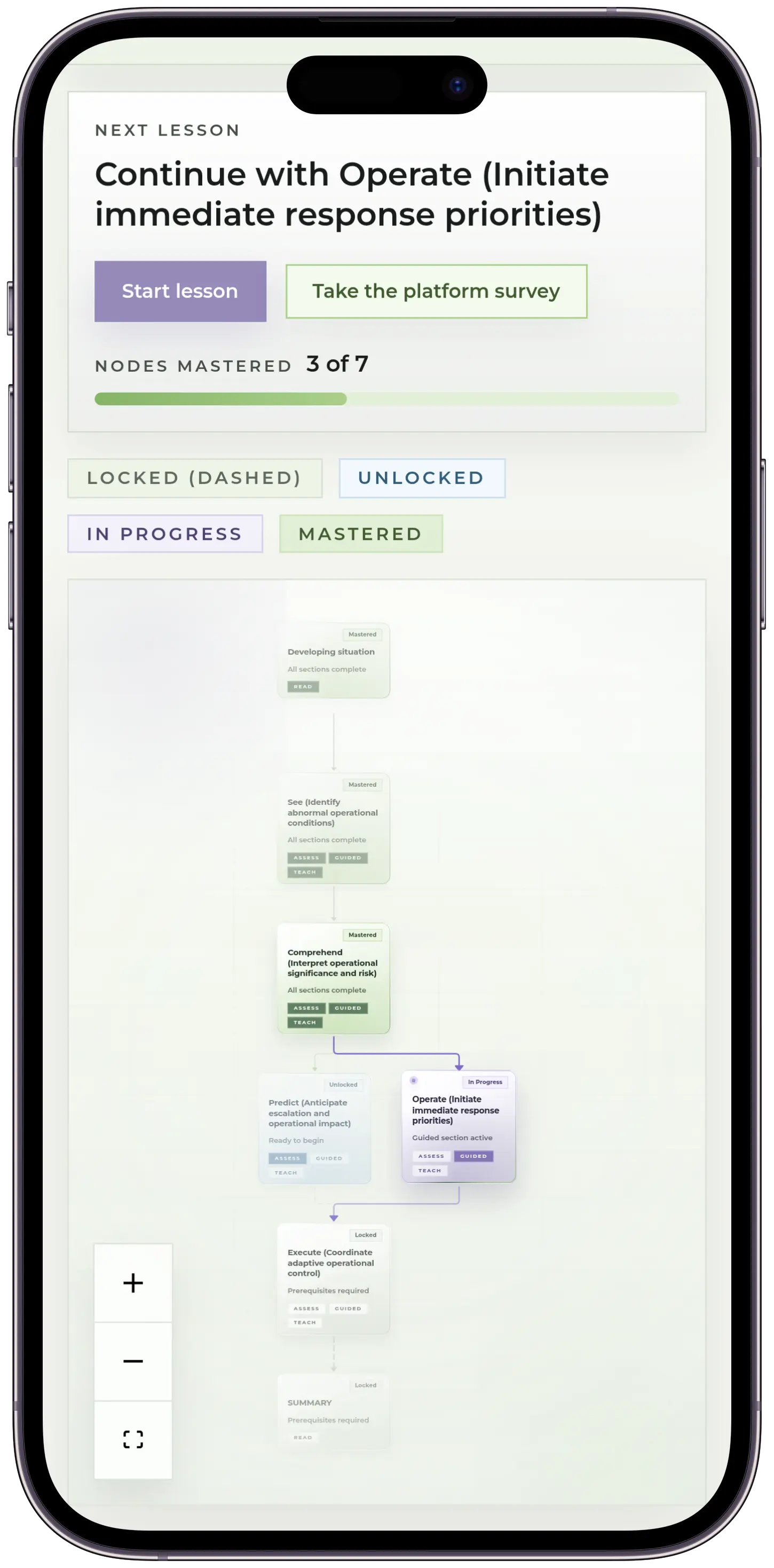Athelion mobile map view showing the learner's mastery journey on a phone