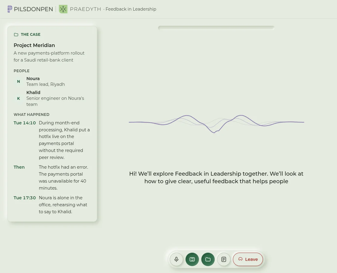 Praedyth voice session: the case file beside the tutor's voice line and live captions